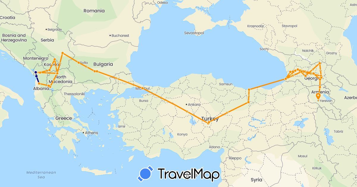 TravelMap itinerary: driving, hiking, hitchhiking in Albania, Armenia, Bulgaria, Georgia, Macedonia, Serbia, Turkey (Asia, Europe)